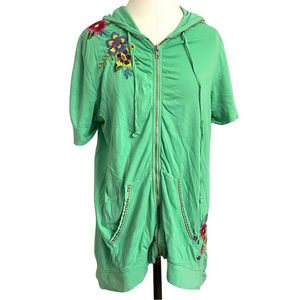 Johnny Was Green Floral Embroidered Short Sleeve Full Zip Hoodie - Medium